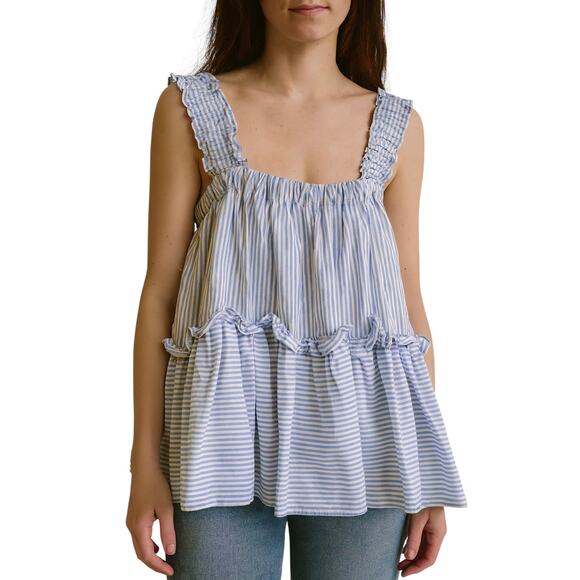 BROGGER Cotton Poplin Blue Striped Babydoll Top size Small NWT - Picture 1 of 6